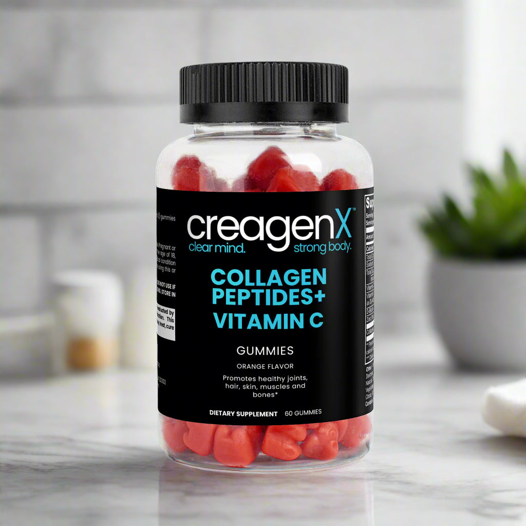 Jar of CreagenX Collagen Peptides + Vitamin C gummies on a white background
