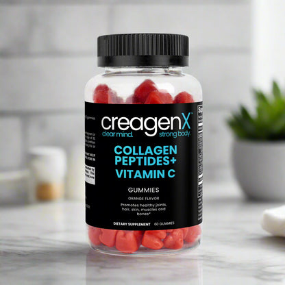Jar of CreagenX Collagen Peptides + Vitamin C gummies on a white background