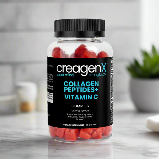 Jar of CreagenX Collagen Peptides + Vitamin C gummies on a white background